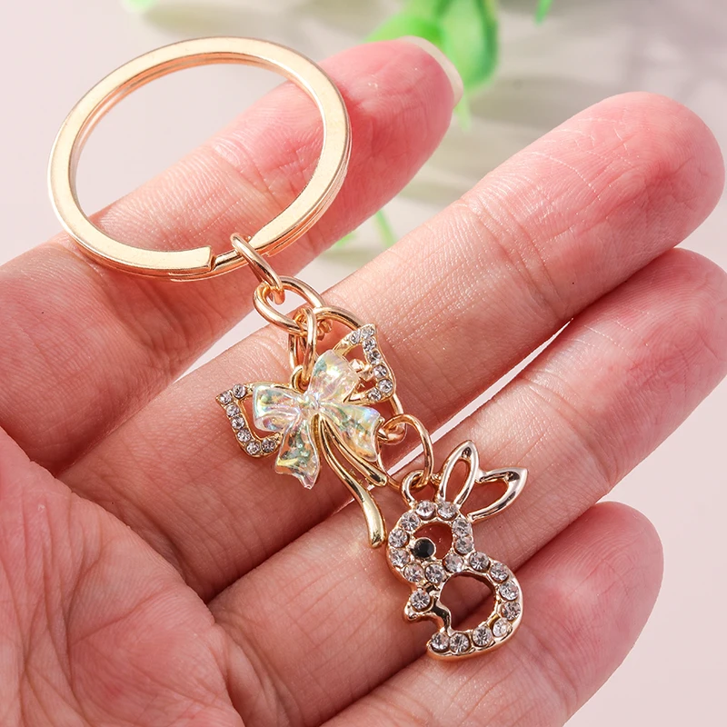 Cute Crystal Rhinestone Rabbit Keychain for Car Key Holder Women Girls Keyring Pendants Handbag Charms DIY Jewelry Gifts