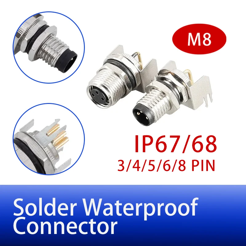 5/10 PCS M8 male/female curved straight jack socket 3 4 5 68 pin Solder IP67/68 waterproof PCB panel connector