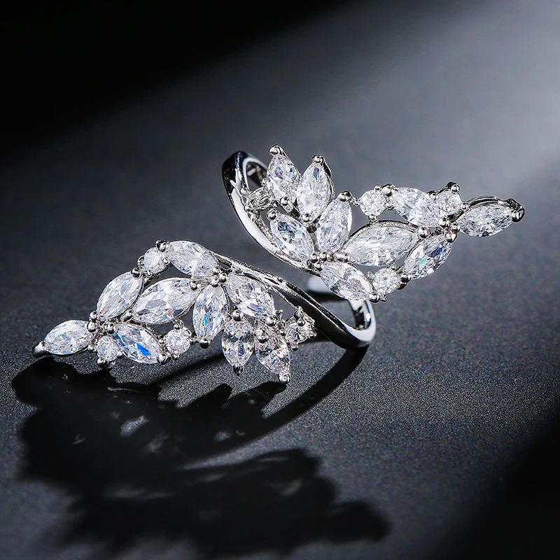 ZAKOL 2 Pcs Fashion AAA Zircon Feather Open Sharp Ring for Women Aesthetic Clear Crystal Engagement Proposal Ring Jewelry Gift
