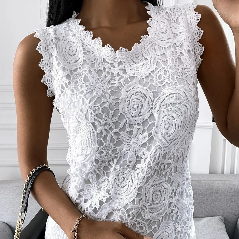 Summer Lace Blouse Woman Jacquard Sleeveless Casual Fashion Women Shirts Vintage Floral Vest Tops Loose Blusas Mujer 19340