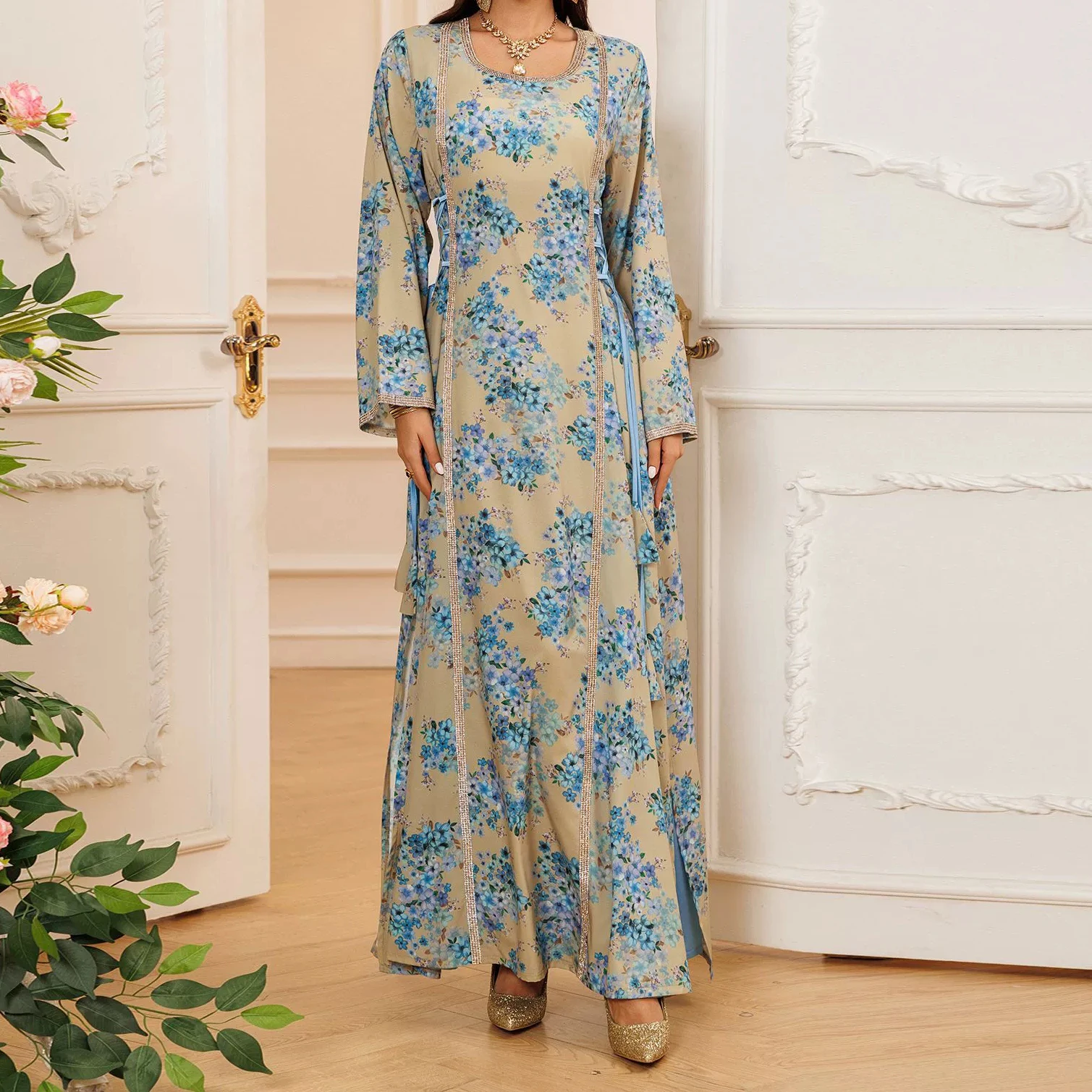 

2025 Spring New Muslim Robe Printed Floral Dress Fashionable Arab Home Robe-GZXX639