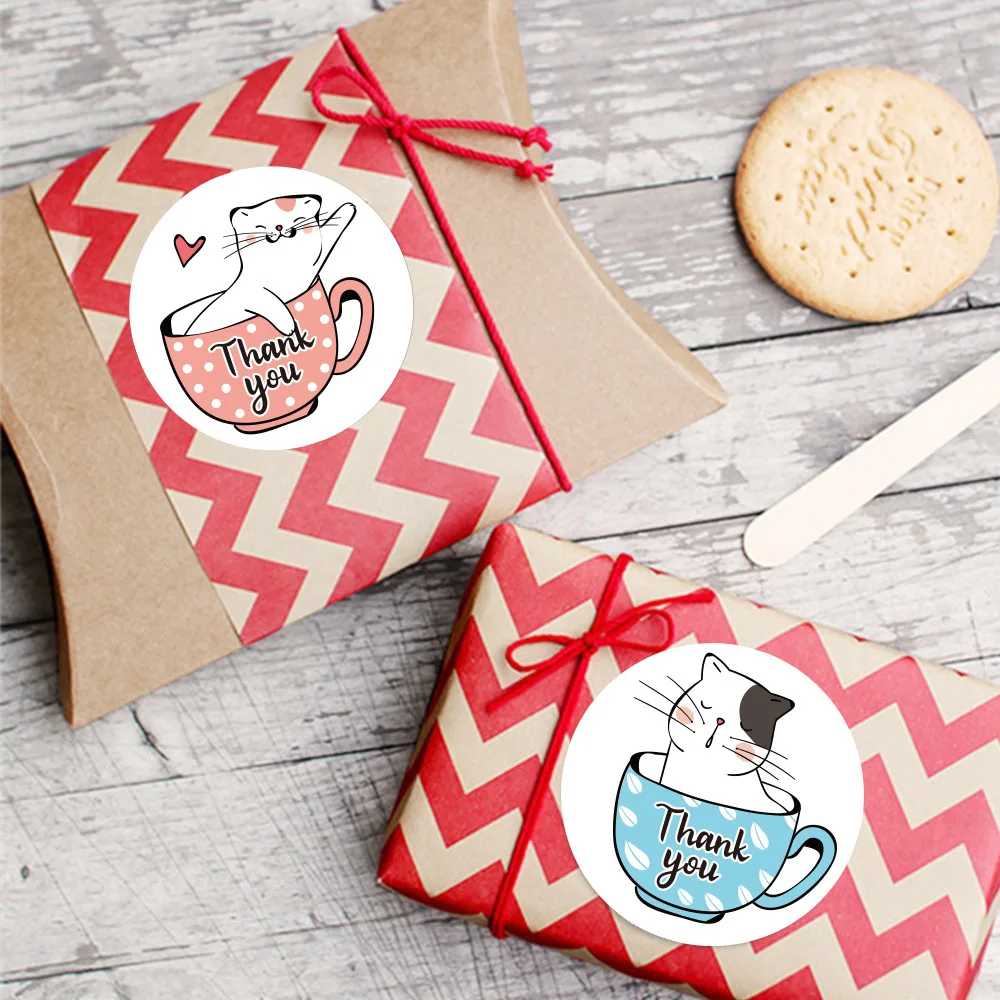 Pegatinas de gato Kawaii para tarjetas de felicitación, sello redondo de animales de dibujos animados, papelería de decoración de regalo, 100-500 piezas