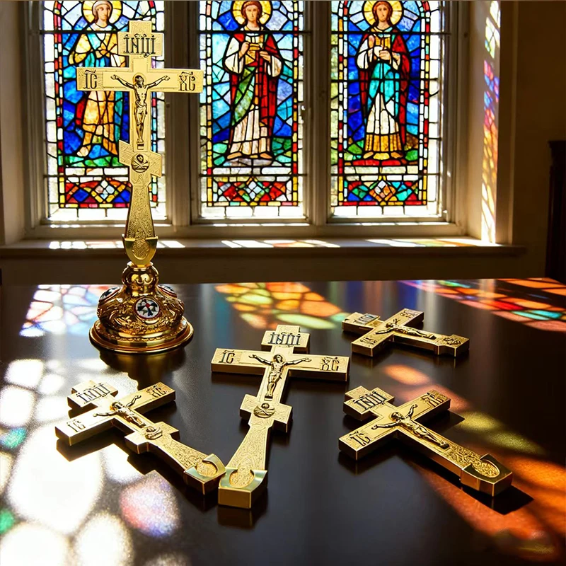 

New Orthodox Cross Blessing Cross With Stand For Church Home Decoration Passion of Jesus Icon Red and Blue Enomal Cross Box Gift