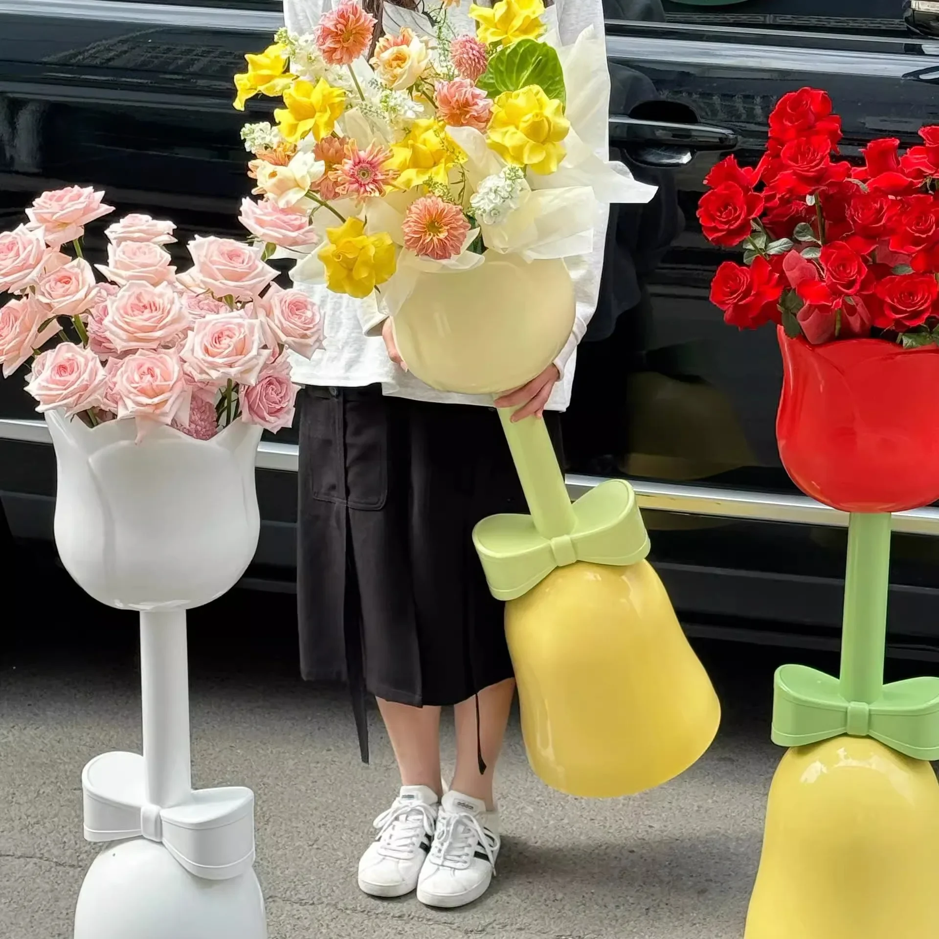 Tulip Cream Style Floor Vase Opening Flower Arranging Bucket Home Decoration Wedding Decoration Flower Stand