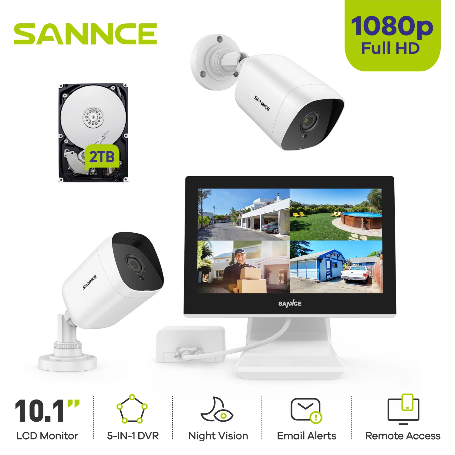 

SANNCE 4CH Video Surveillance Kit 5 in1 DVR IR Night Vision Waterproof 1080P 10.1" LCD Monitor Remote Monitor Security System