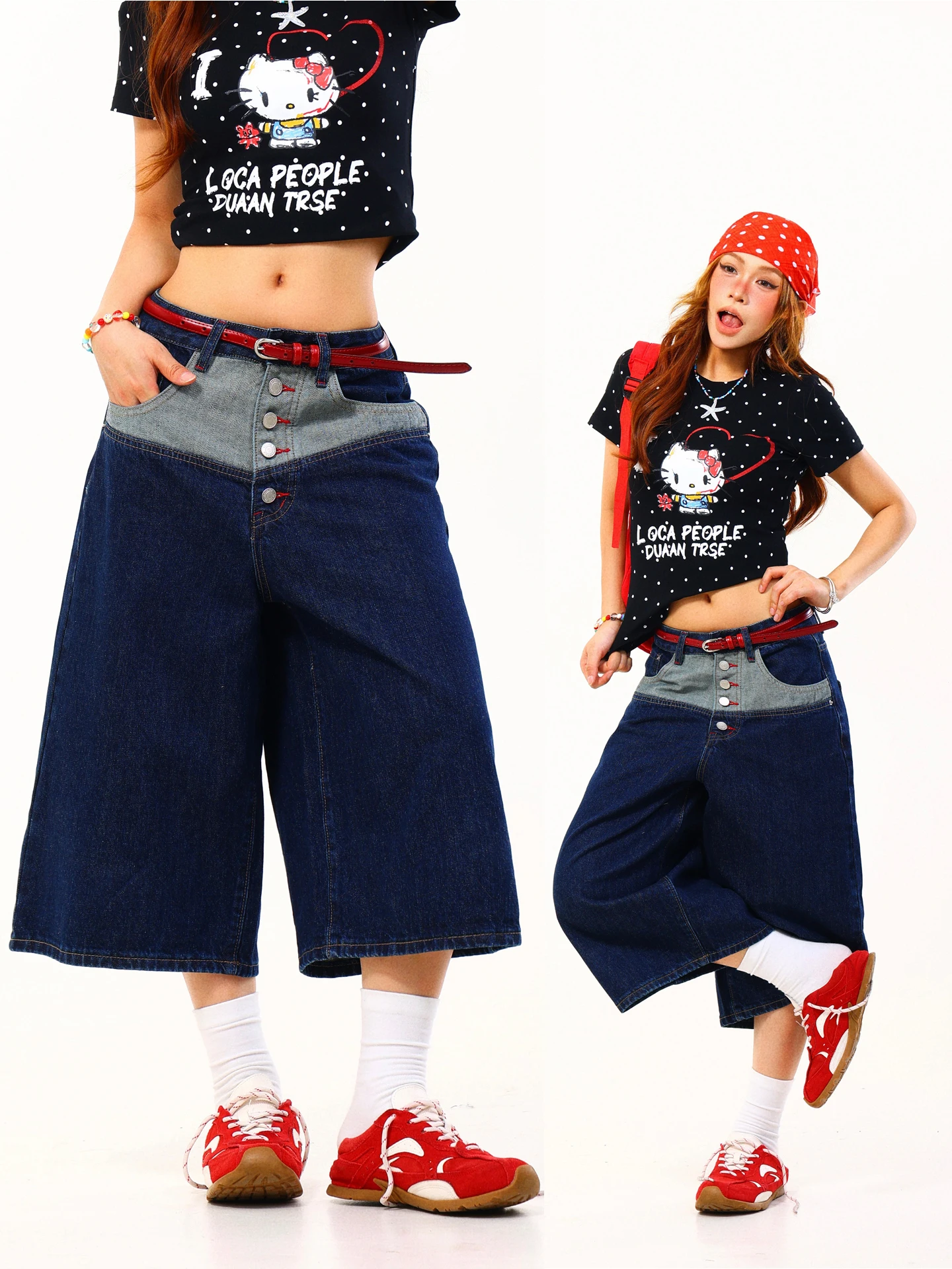

Light Blue American Style Washed Denim Wide Leg Pants Women Loose Fit Patchwork Button Seven-Foot Jeans Summer Wear