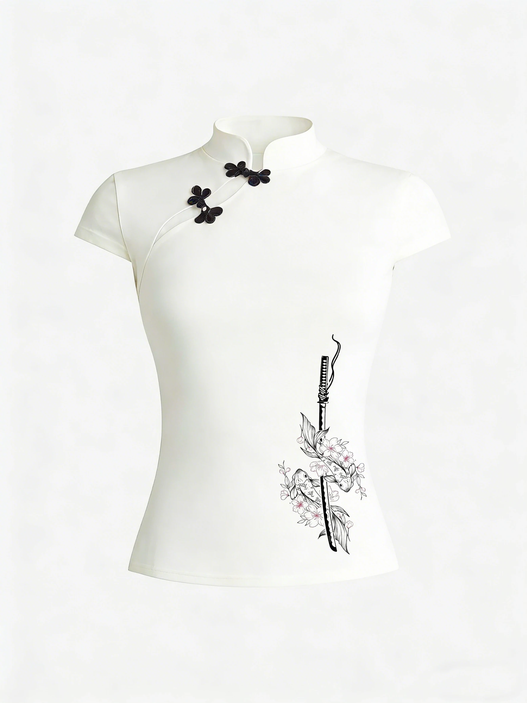 Harajuku Aesthetics Versatile Classics T-shirt New Chinese Style Fashionable Printed Casual Slim Button Collar Short Sleeved Top
