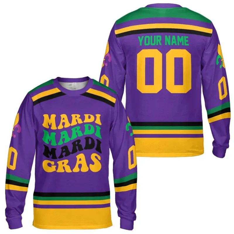 

Mardi Gras Long Sleeve Shirt For Men Personalized Name Number Sport Jersey Men's Casual Carnival Jersey Shirt Clothes