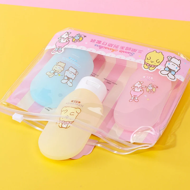 Sanrio Kawaii Cinnamoroll Split Bottle My Melody Sweet Anime Cartoon Creative Portable Travel Bath Sub Bottling Three Pieces Set