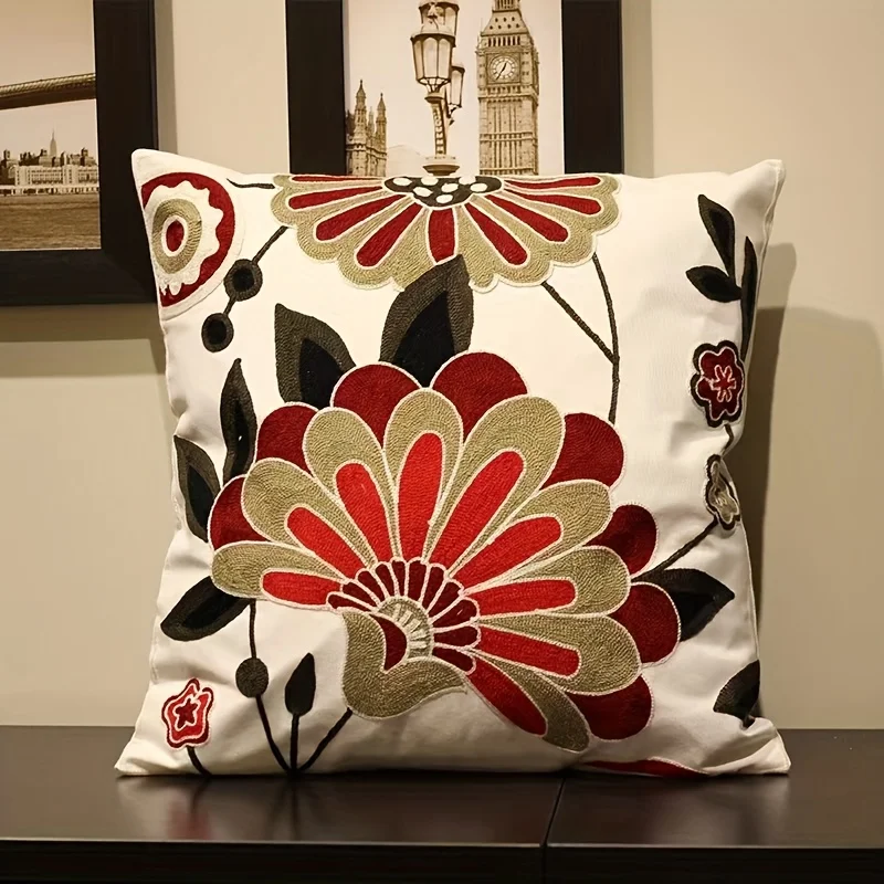 Red Beige Floral Throw Pillow Cover Boho Vintage Large Flower Print Decorative Cushion Case for Sofa CouchHome Decor