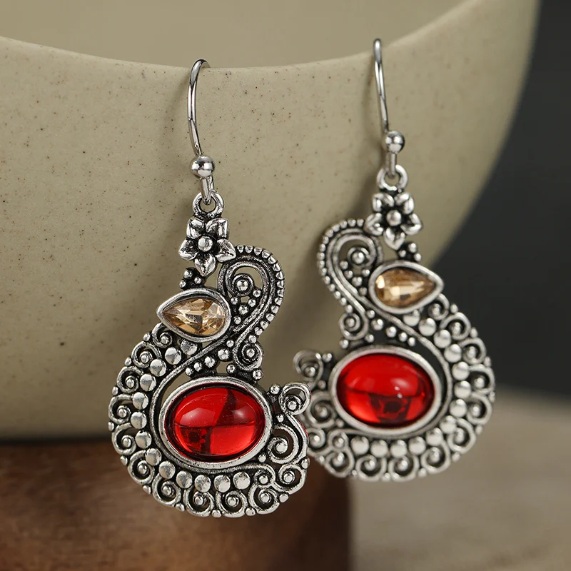 Ladies' Vintage Patterned Hooks Earrings Hollowed Out Carved Flowers Inlay Synthetic Zircon Drop Earrings Bohemian Style Jewelry