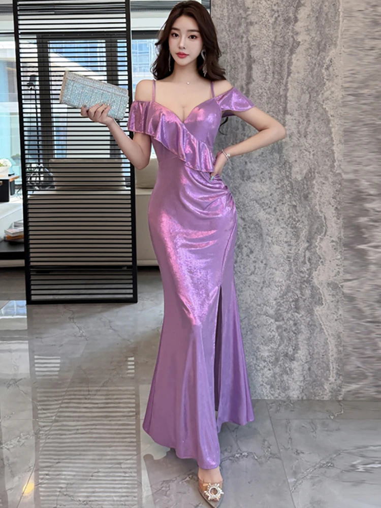 

Весеннее фиолетовое атласное шикарное платье с рюшами и V-образным вырезом, сексуальное платье на бретельках, корейское винтажное роскошное вечернее платье 2026 года, элегантное облегающее платье для выпускного вечера для женщин