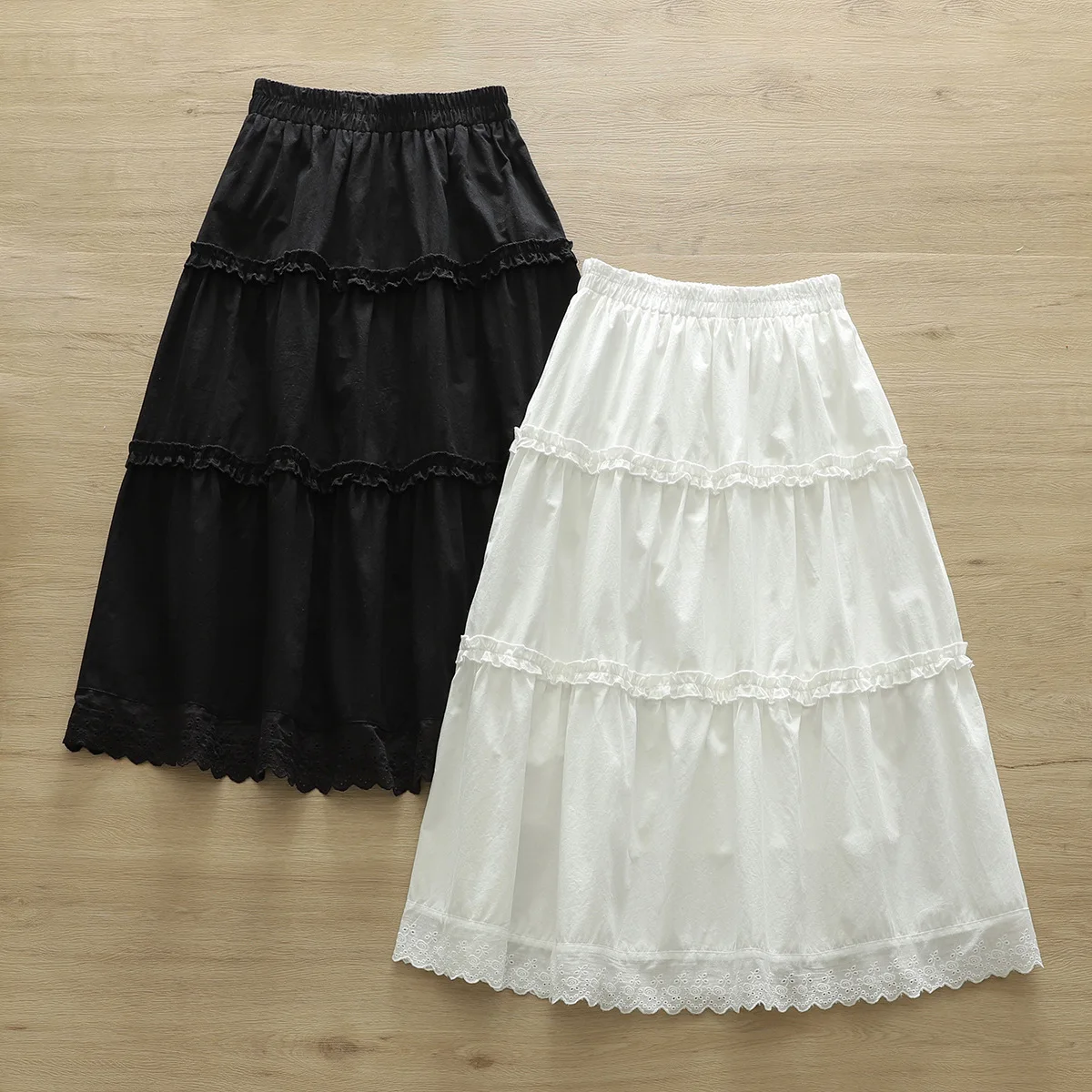 Japan Style Mori Girl Sweet Lace Patchwork Long Skirts for Women Autumn Elastic Waist Cotton Stringy Selvedge Skirt