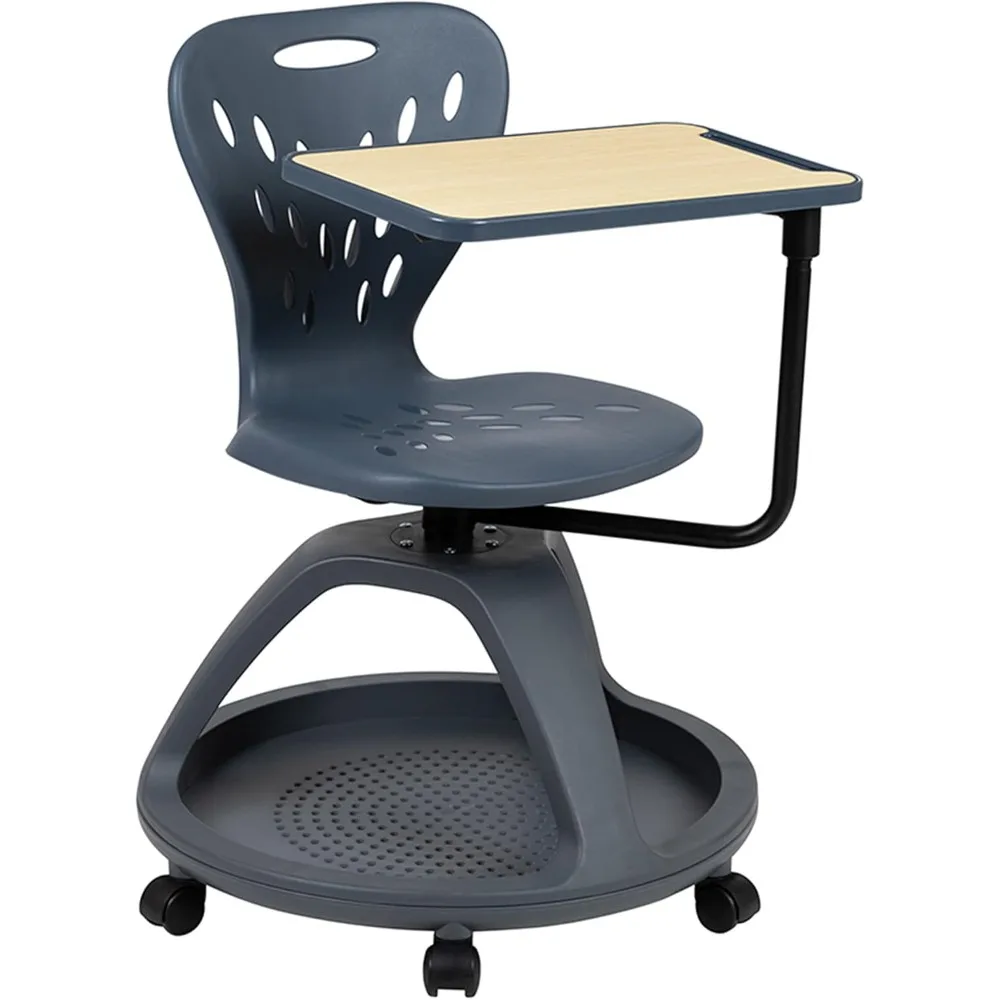 Silla de oficina móvil con tableta giratoria de 360 grados, asiento de almacenamiento para aulas y estudio, color gris oscuro