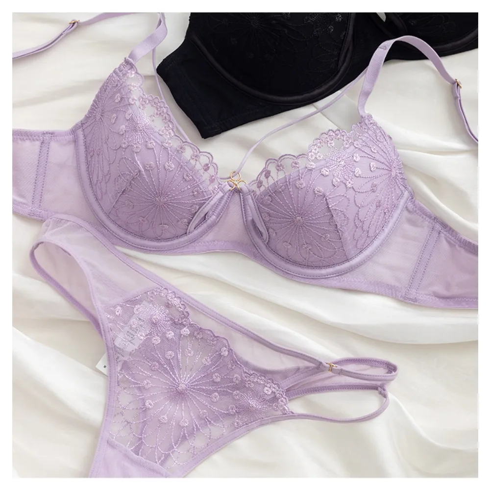 Ladies French Lace Lingerie 2Pcs Set, Summer Thin Cup Bra, Lift & Gather Large Breast, Elegant Sheer Lace Bra & Panties,  34-40