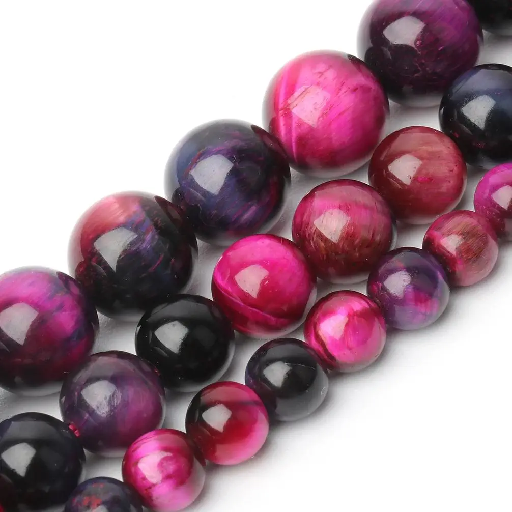 Fuchsia Natural Tiger Eye Stone Beads 6 8 10mm Round Loose Spacer Beads for Jewelry Making DIY Bracelets Necklace for Women