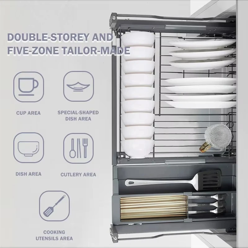 Stainless Steel Pull-Out Metal Drawer Organizer With Adjustable Dish Basket