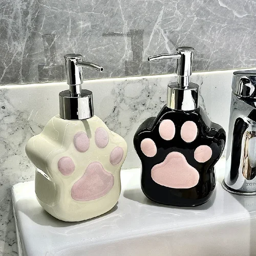 Imagen 2 del producto Bonita botella dispensada para lavado de manos con pata de gato, Gel de ducha, champú, botella de prensa, botella de loción de cerámica, accesorios de baño, jabón