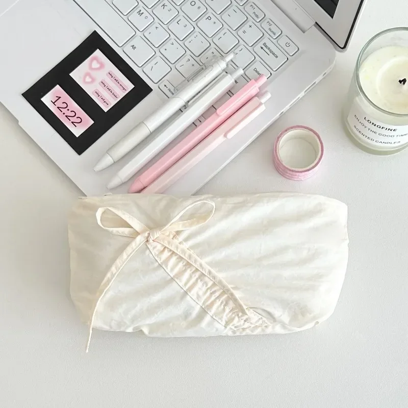 1 Piece Sweet Bow Pencil Case for Student Girl Chic Korean Simplicity Makeup Brush Organizer Cute Bow Lipstick Storage Bag