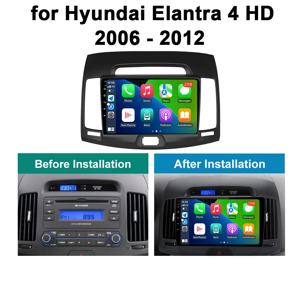 مشغل وسائط متعددة للسيارة مع شاشة ستيريو تعمل باللمس ، راديو وفيديو ، أندرويد ، نظام تحديد المواقع نافي ، بي تي ، 4 جي ، دي إس ، 9 بوصة ، هيونداي إلنترا 4 إتش دي-توني