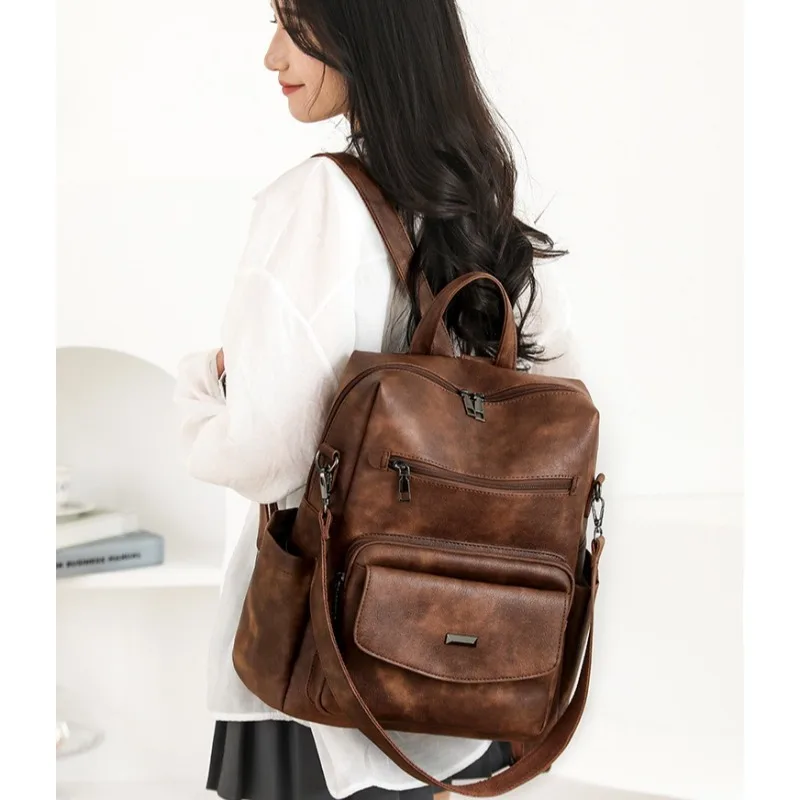 2025 new women's pu leather waterproof anti-theft large fashion business retro travel college work backpack wallet shoulder bag