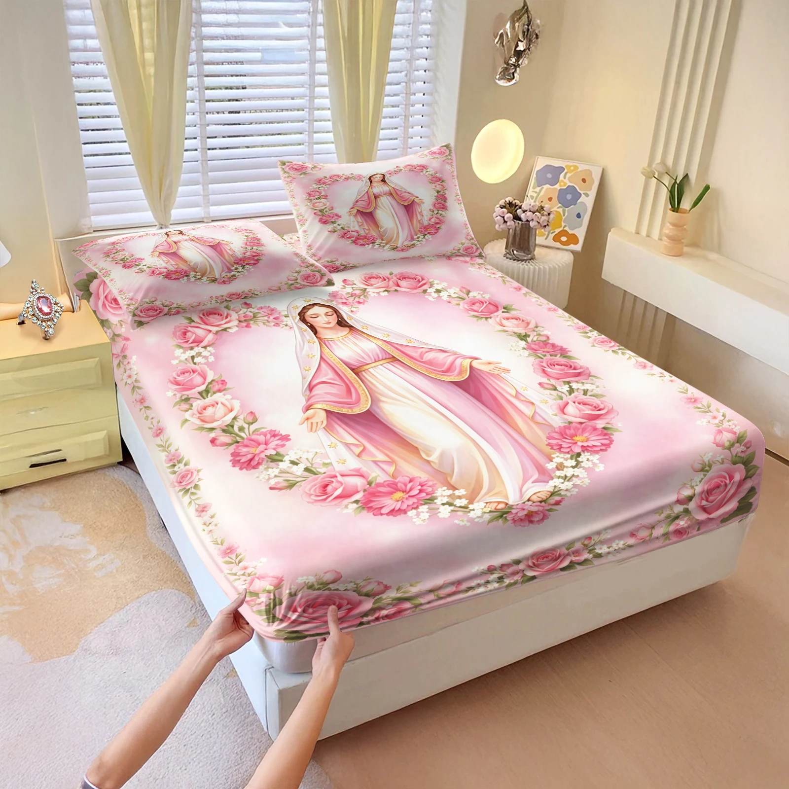 Religious Virgin Mary Fitted Bed Sheet Set Pink Rose Flower Wreath Print Soft Breathable Elastic Mattress Protector Cover