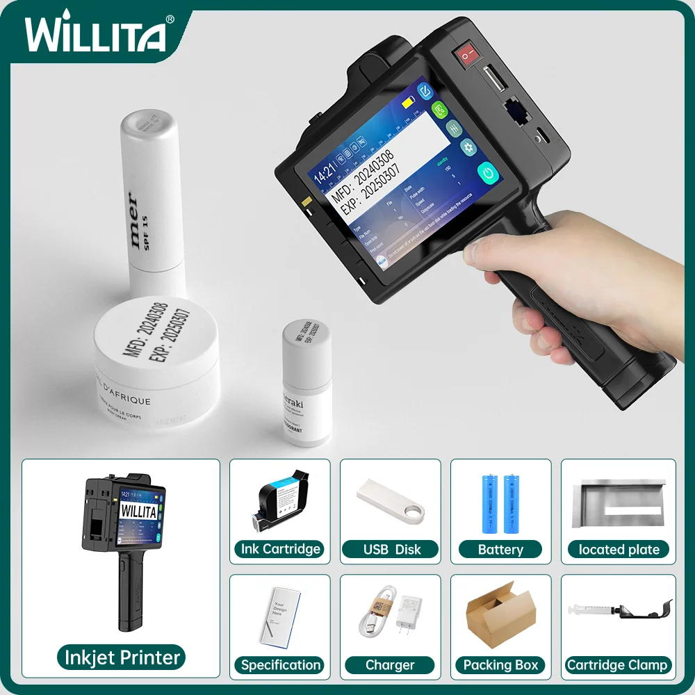 WILLITA Portable Handheld Inkjet Printer 12.7mm Coding Machine for Expiry Dates QR Barcode Batch Numbers Logo on Metal/Packaging