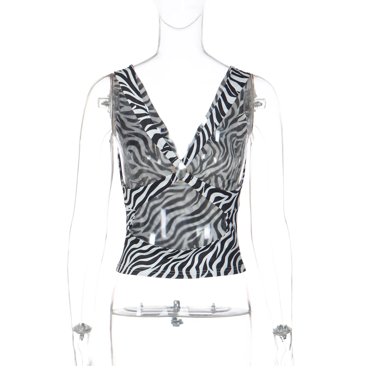 Hugcitar Damenmode, Zebramuster, V-Ausschnitt, gerüscht, rückenfrei, sexy, schmales Crop-Tanktop, Sommerkleidung für Damen, Party, Urlaub, Club – Detail 2