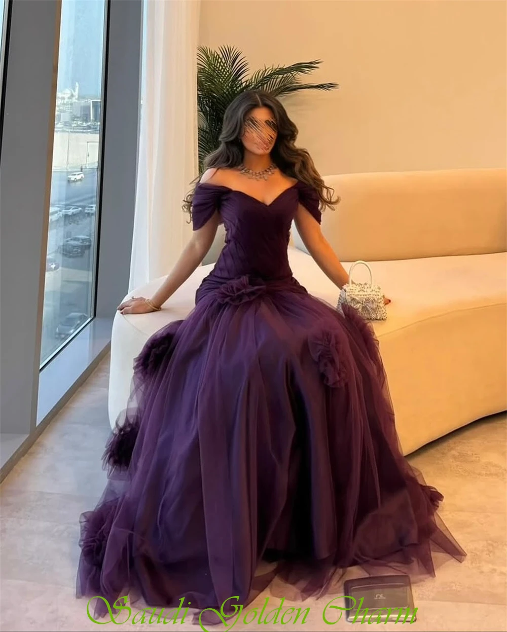 Abito da sera semplice in organza viola personalizzato Boho Sweetheart con spalle scoperte Abito da festa Abito da ballo sexy con strascico a sirena