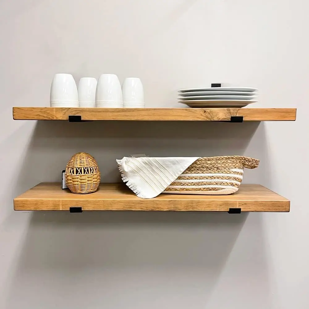 

Rustic Shelves with J-Brackets Set of 2, Industrial Shelf, Kitchen Shelves, Solid Wood, Decorative Wall Storage, Heavy Duty,