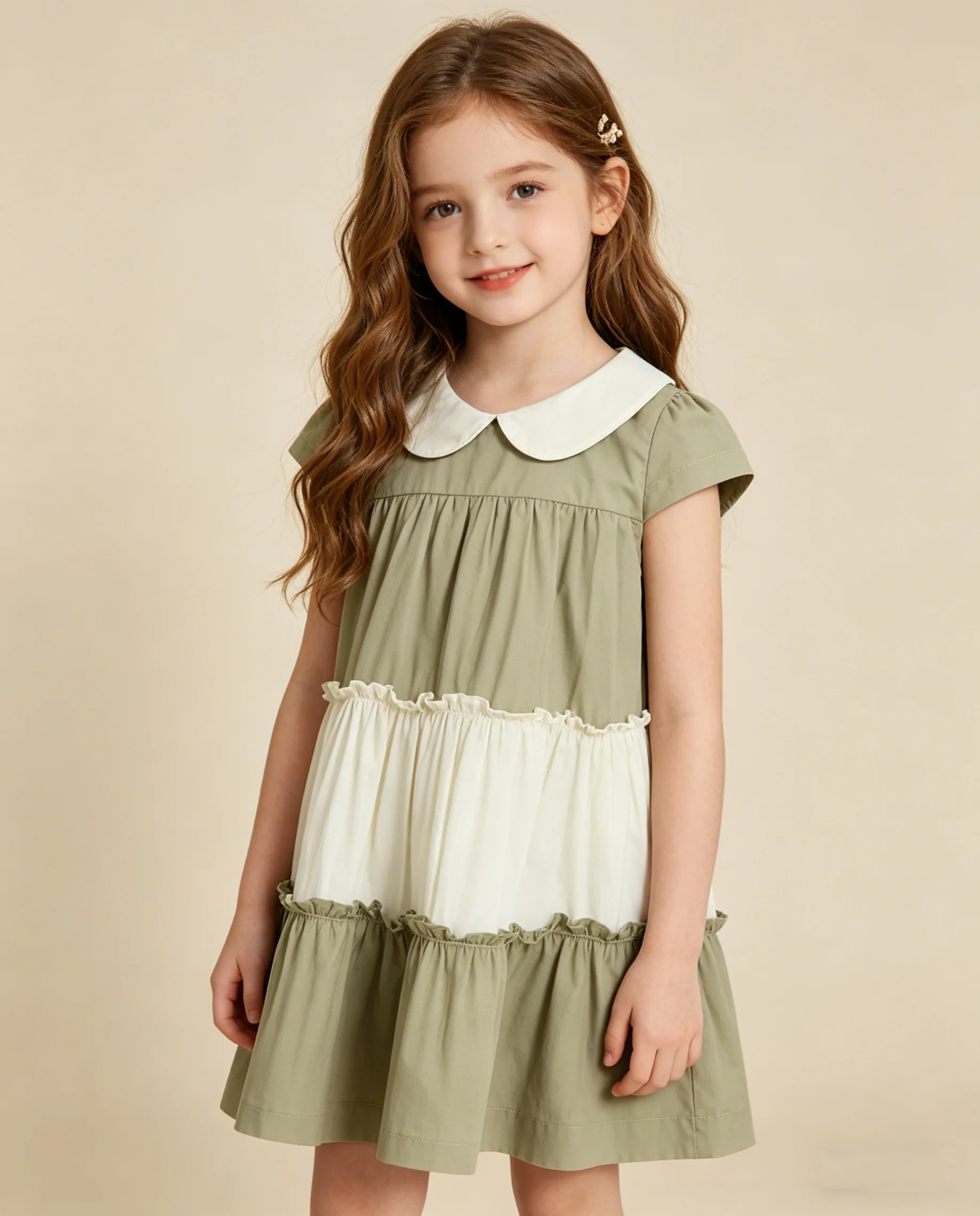Summer 1-7 Years Girls Fashion Flutter Sleeves Splicing O-Neck Layered A-Line Dress  Korean Version Kids Casual Sweet Clothing