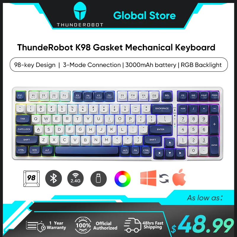 Imagem -01 - Thunderobot-teclado Mecânico do Jogo K98 sem Fio Pbt Hot Swap Bluetooth Rgb para Ios Mac Vitória Android thunderobot teclado mecanico do jogo k98 sem fio pbt hot swap bluetooth rgb para ios mac vitoria android 01