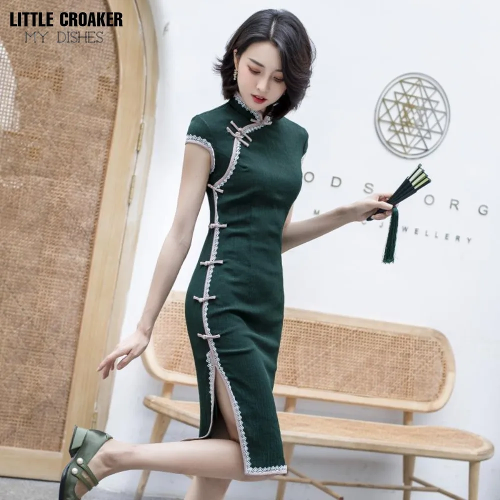 

Women Old Shanghai Qipao 2023 New and Improved Cheongsam Youth Style French Vintage Chinese Green Small Dress Summer