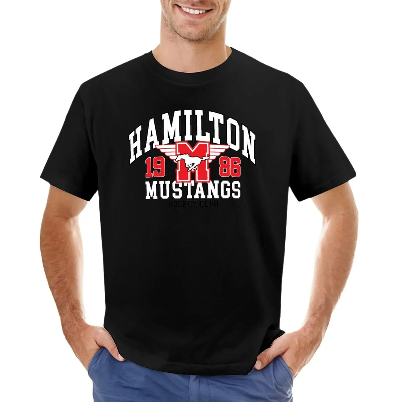 cute tops heavyweights mens workout shirts  Hamilton Mustangs 1986 T-shirt  harajuku  oversized t shirt  men clothing