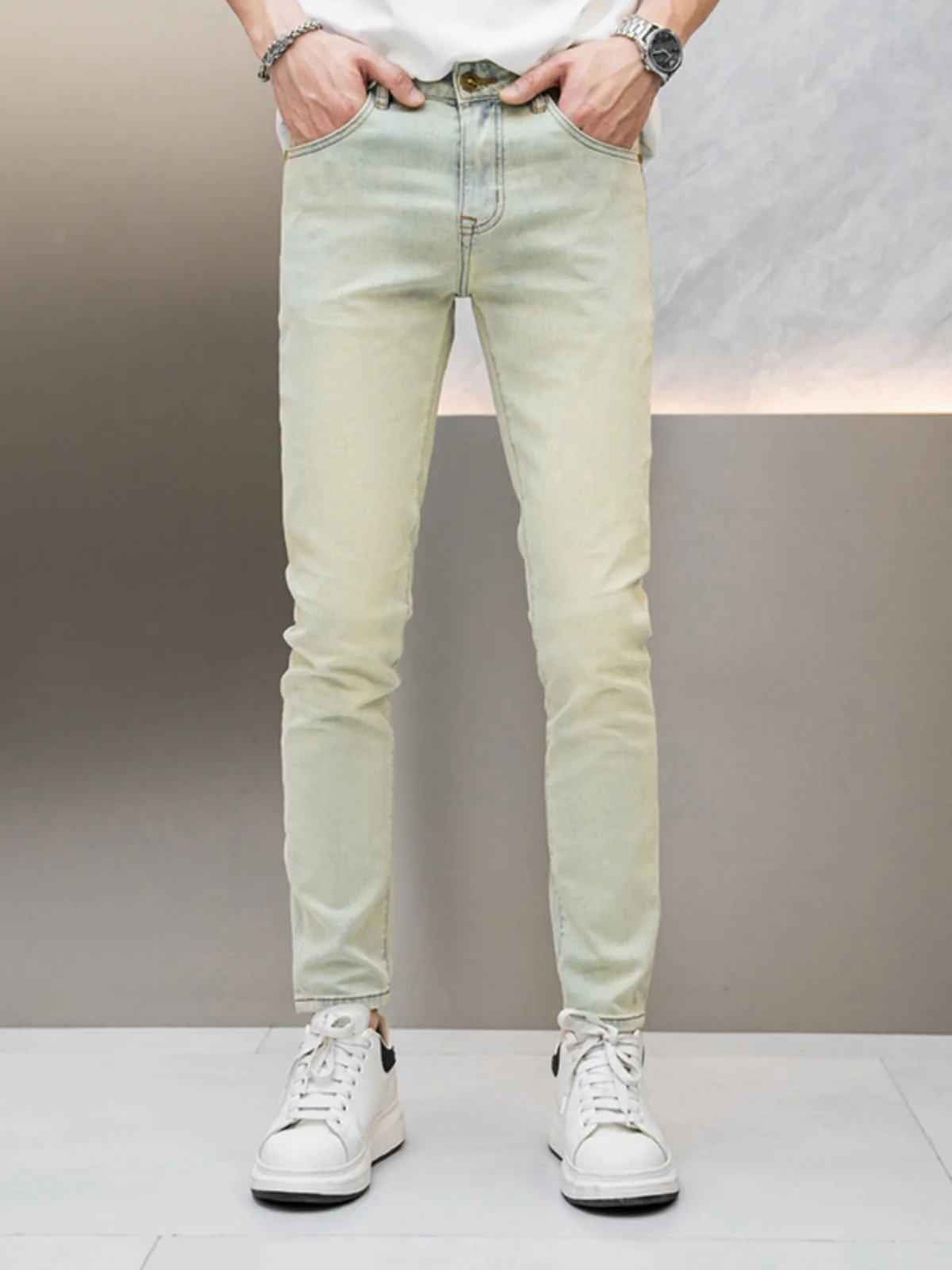

Summer Thin Denim Jeans Men's Elastic Slim High-End Trend Light Vintage Yellow Mud Haome Ice Silk Casual Pants