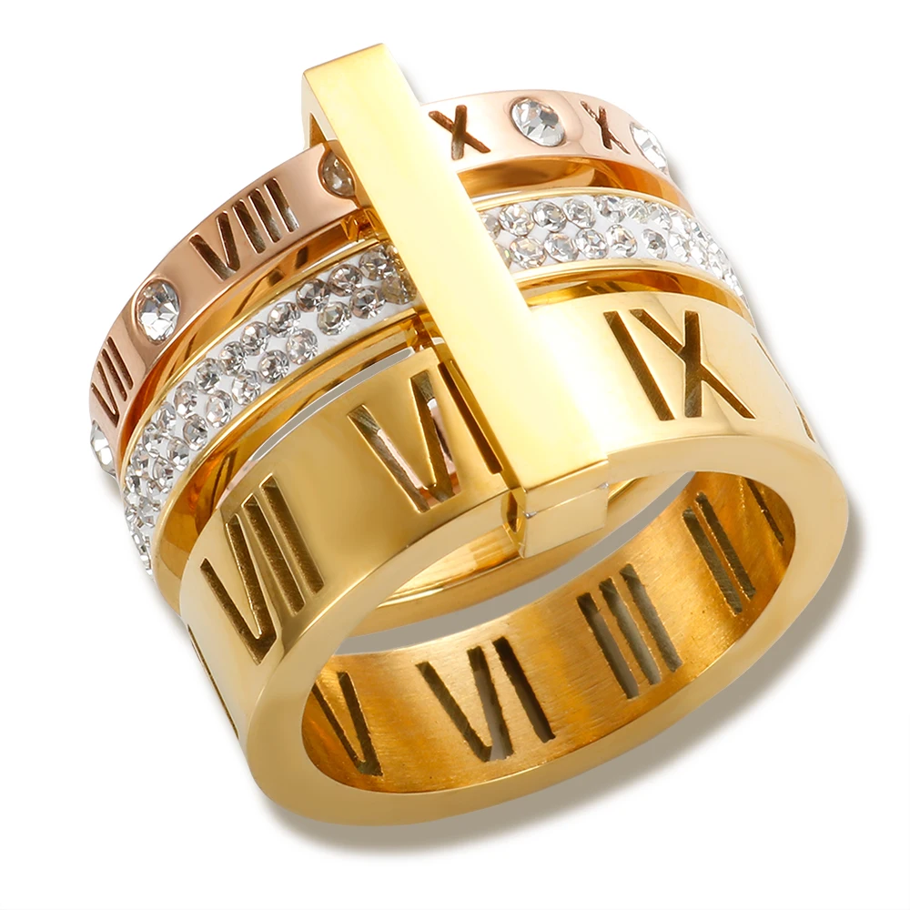 Drei Schichten Römischen Ziffern Ring für Frauen Luxus Edelstahl Drehbare Kristall Finger Ringe Weibliche Hochzeit Trendy Schmuck – Detail 4