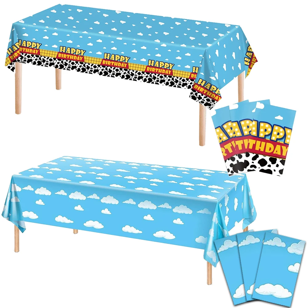 Mantel de nubes blancas y cielo azul, decoraciones de dibujos animados, fiesta de Toy Story, patrón de vaca, cubierta de mesa desechable para fiesta de cumpleaños de niños