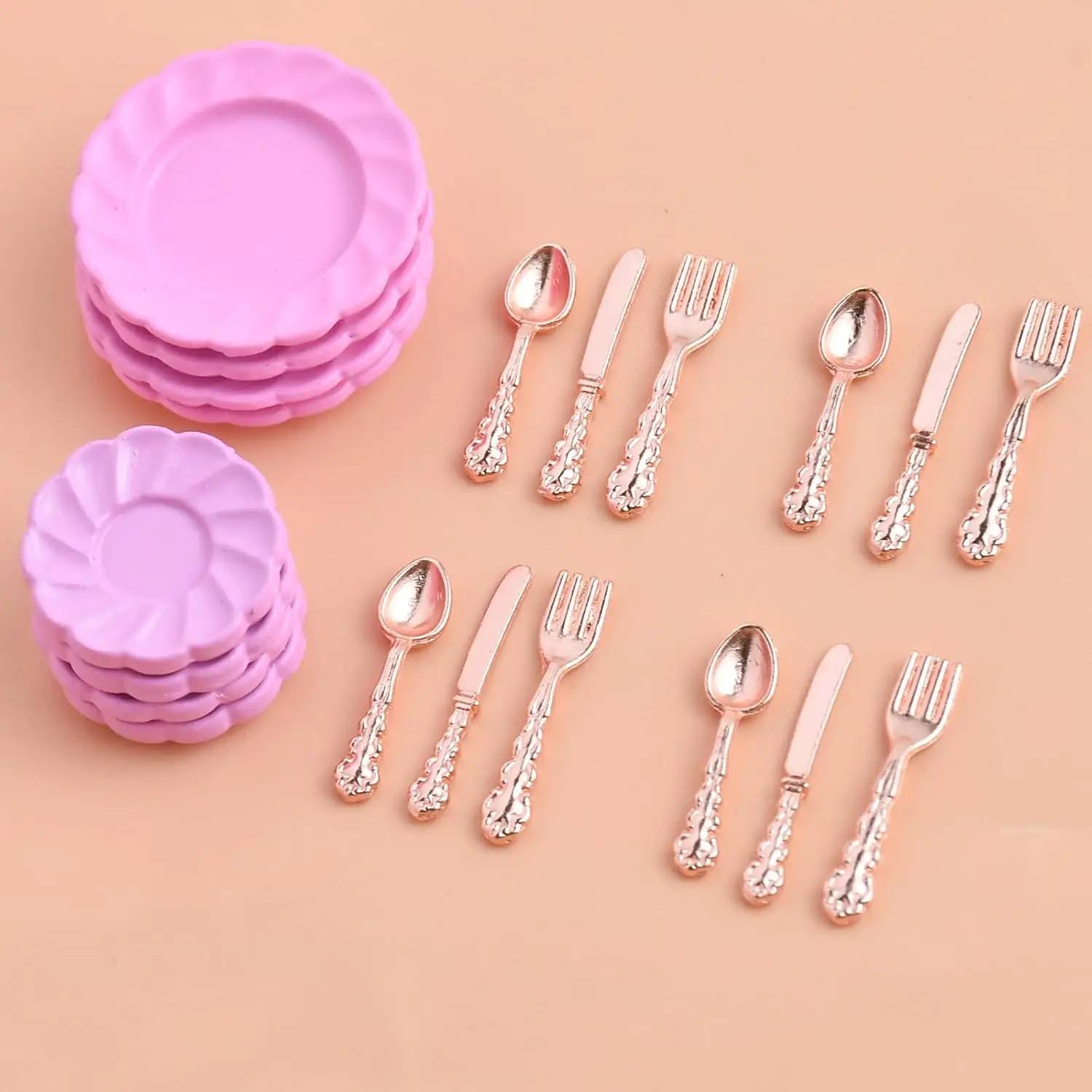 20 Pieces Dollhouse Miniatures Kitchen Set Metal Mini Tableware Include Tiny Plates Knife Fork Spoon for Dollhouse