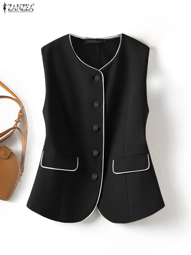 ZANZEA-Chalecos de moda para mujer, Tops elegantes y elegantes con contraste, cuello redondo, sin mangas, abotonados, chalecos de Color sólido, ropa para mujer