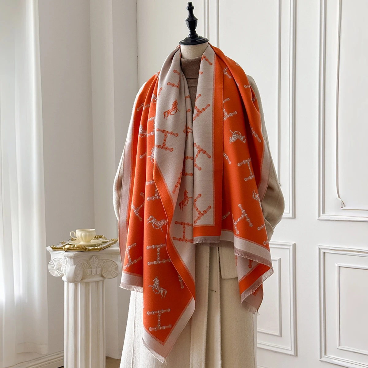 شال شتوي كشمير نسائي على الموضة من العلامة التجارية - لوحة زيتية كلاسيكية مطبوعة بالزهور على طراز الباشمينا غلاف سميك ومعطف #3