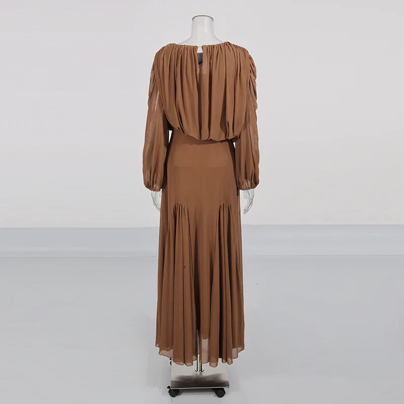 2026 Neues Modisches Lässiges Rundhals-Langarmkleid mit Loser Passform und Plissee in Einfarbigem Design für Damen – Detail 13
