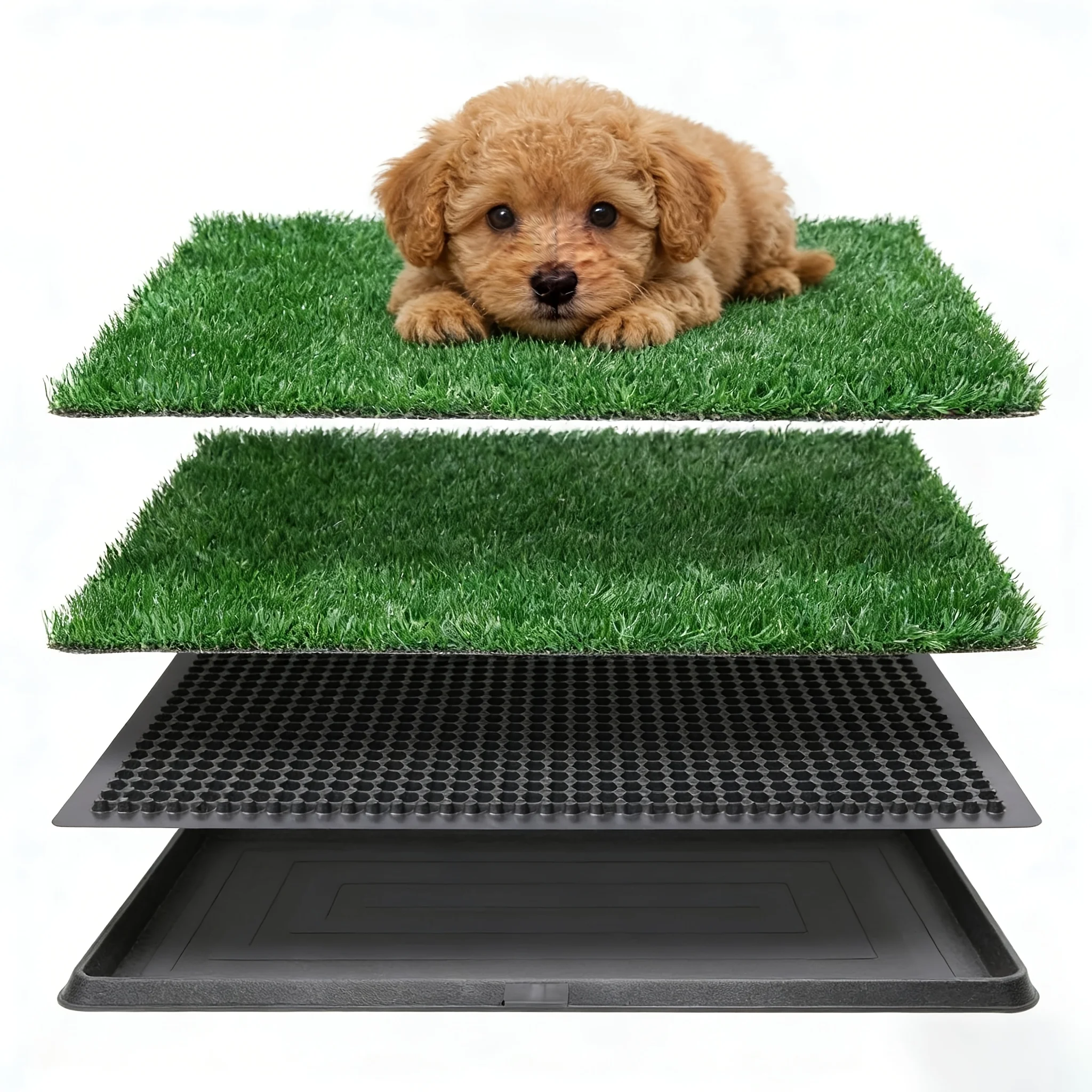 

Большой травяной коврик для собак с поддоном, подходит для использования в помещении в качестве туалета для собак, идеально подходит для тренировок в квартире и на террасе, включает два сменных коврика.