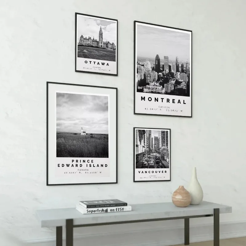 Real Photo of Canada Cities Traveling Poster Canvas Printing B&W Canada Travel Wall Decor Quebec Regina Edmonton Wall Decoration