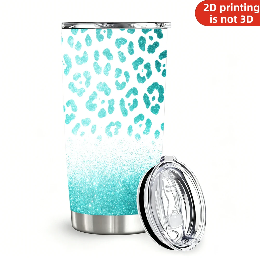 20oz Turquoise Glitter Leopard Print Stainless Steel Tumbler with Lid and Straw, Cyan Teal Sparkle Cheetah Spots Gradient Vacuum Insulated Travel Coffee Mug Gifts