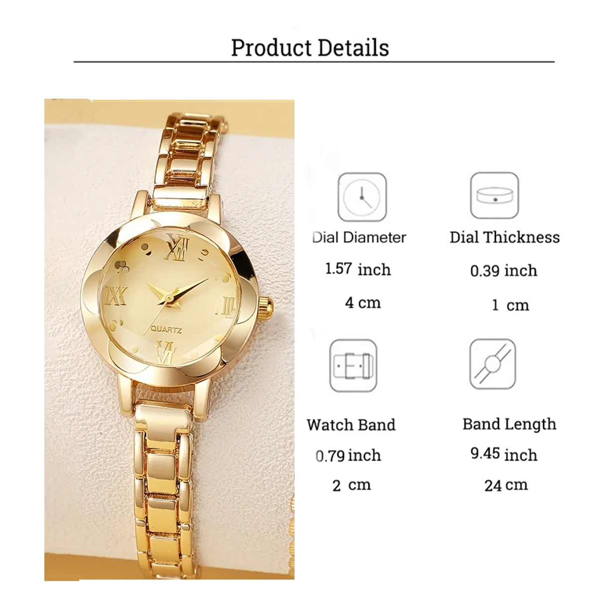 Women's Roman Numeral Gold Quartz Watch 4-Piece Set, Fashionable Quartz Watch Set with Diamond-Studded Bracelet