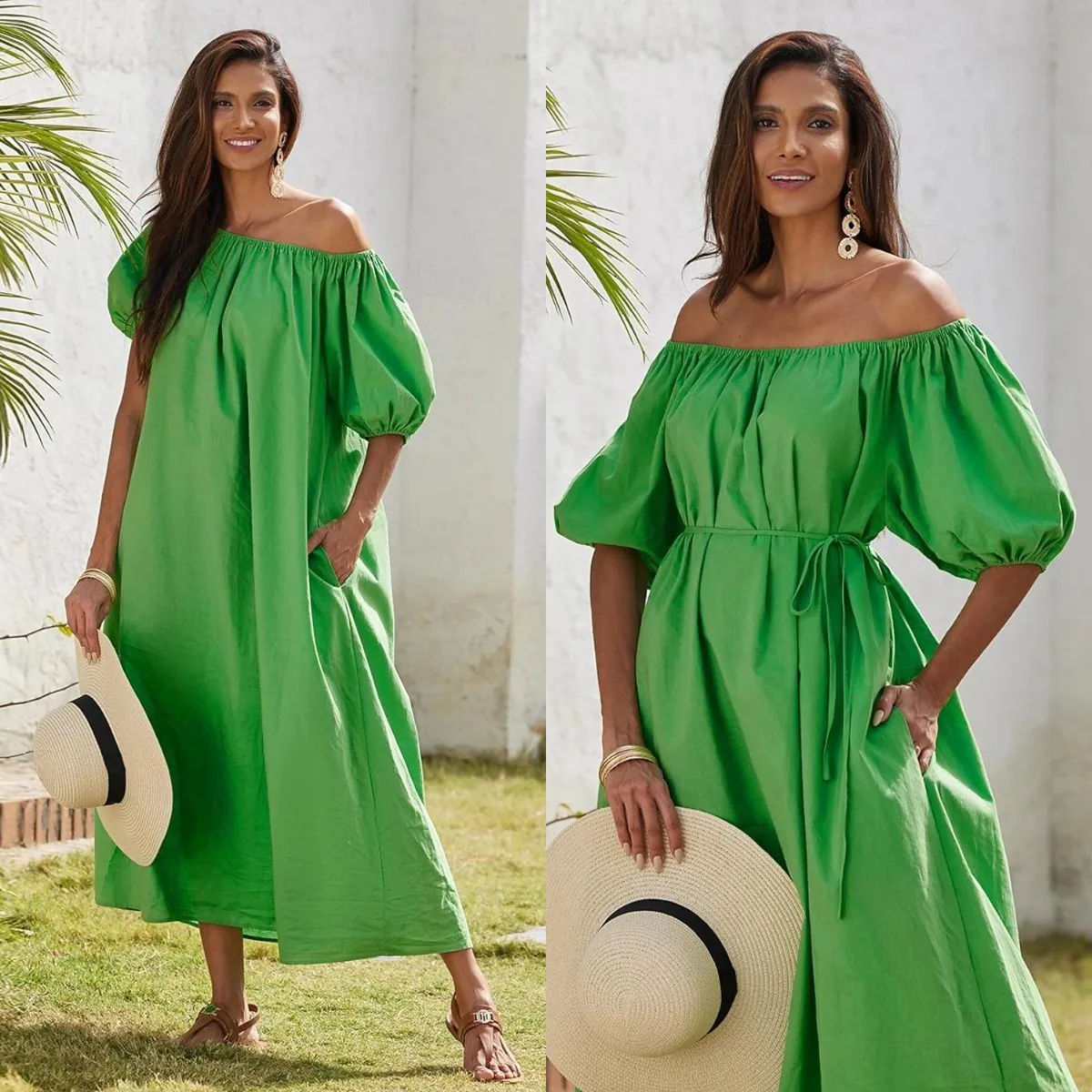 Fashionable Women\'s Green Lace Up Dress French Casual Lazy Style Bubble Sleeves Slanted Shoulder Short Sleeved Elegant Dress