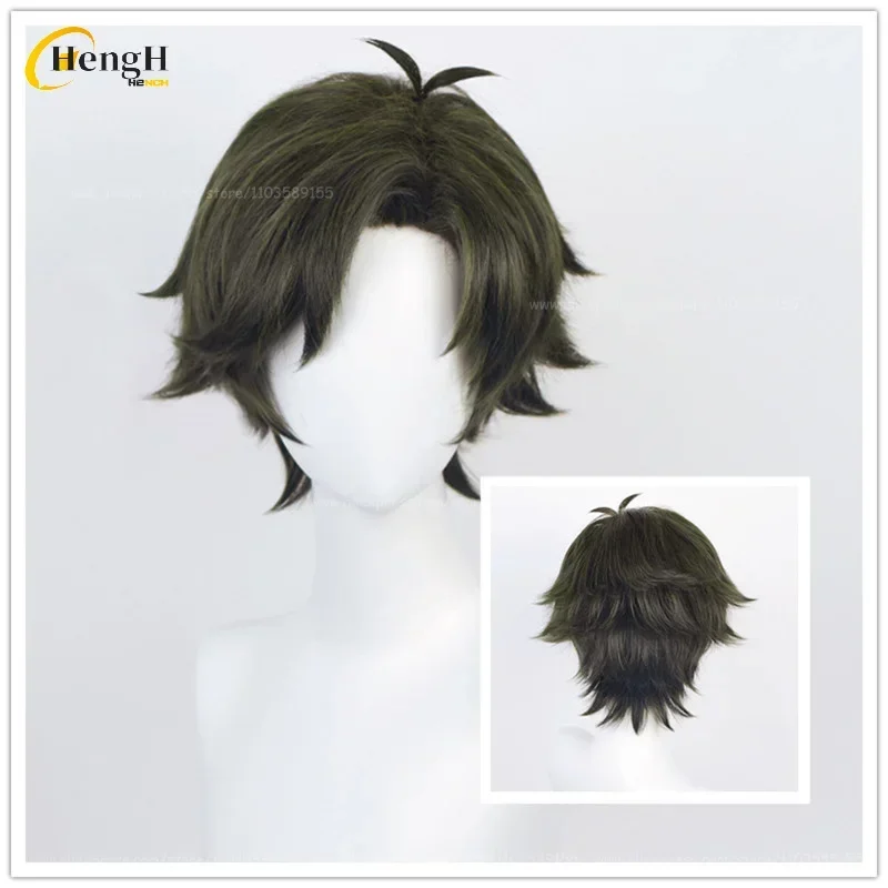

In Stock Anime Synthetic Damian Desmond Cosplay Wig Unisex Short 30cm Olive Green Wig Heat Resistant Hair Party Wigs + A Wig Cap