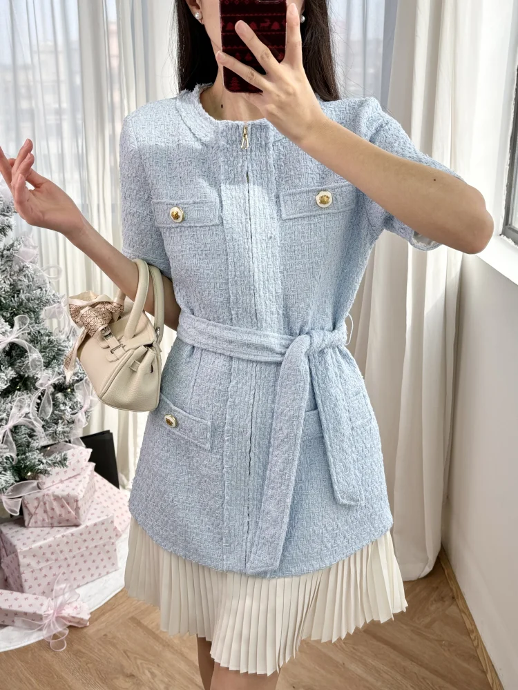 Charmsoul Spring Summer New Fashion Sky Blue Floral Taffeta Waist Cinched Pleated Short Dress Women's Elegant Sle Dress