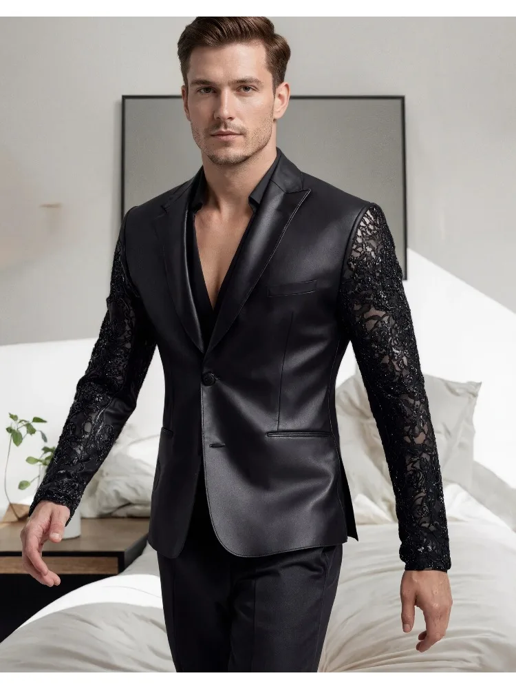 الرجال بولي Leather بدلة جلدية النمط الأمريكي الدانتيل الربط سليم صالح الذروة التلبيب الزفاف سهرة السترة لأزياء حفلة العريس