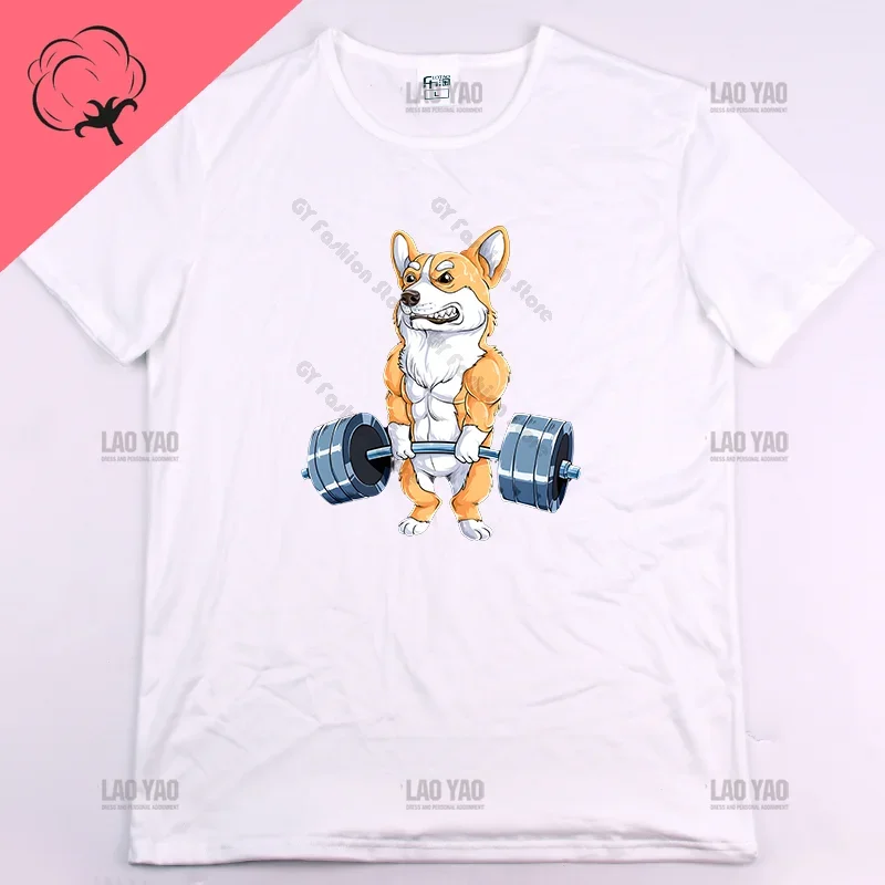 Corgi Fitness Funny Gym Rat  Bodybuilding Crewneck High Quality Cotton T Shirt Men Casual Short Sleeve Oversized image 4